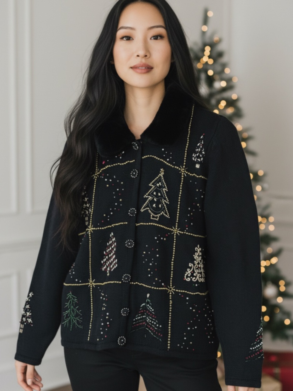Designers Originals Studio Christmas Cardigan Sweater Sz Small Black Beaded